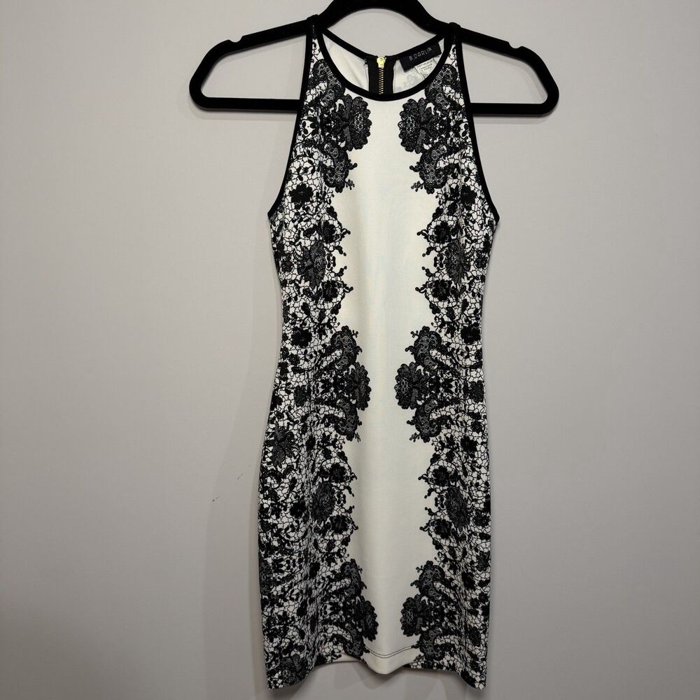 B Darlin Black White Lace Print Bodycon Jumpsuit Juniors 1/2 Sleeveless
